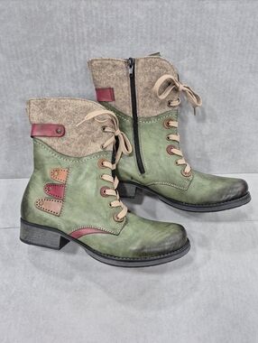 Rieker FERGIE Green, Tan & Red Lace-Up Combat Boots Size 41 NWOT